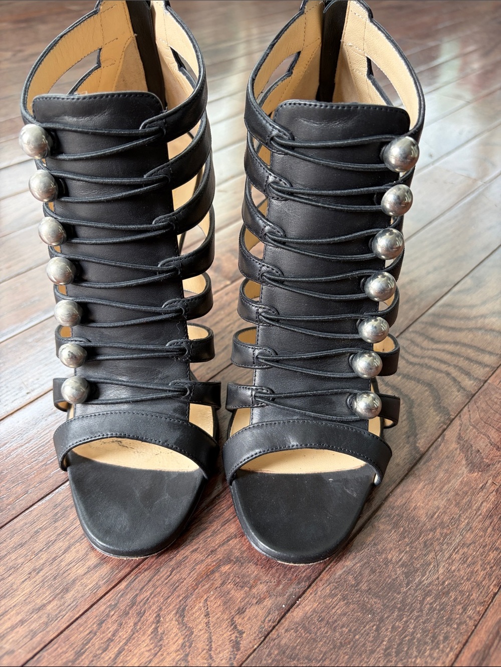 Christian Louboutin Black Strappy Gladiator Heels with Silver Studs